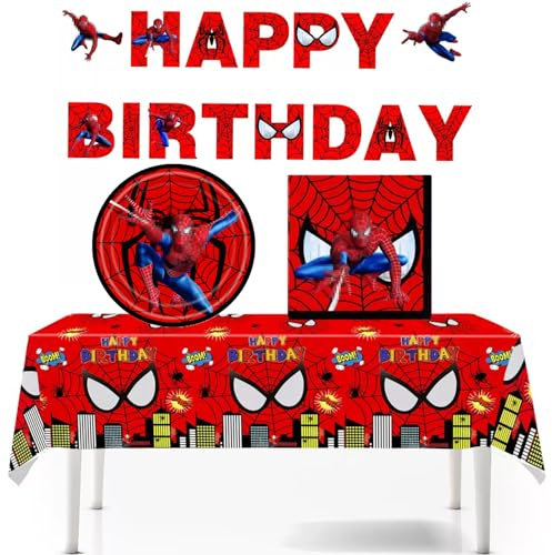 32 Pack Birthday Party Tableware Set, Decoration for Kids With 1 Tablecloth, 10 Plates, 20 Napkins, 1 Banner Party Favor Supplies (red)