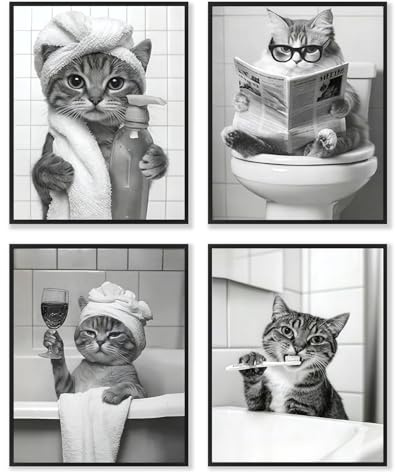 Dazzlewall 4pcs Funny Cat Wall Art Picture, Quirky Bathing Bathtub Cat Poster Whimisical Animal Bathroom Wall Decor Picture Print, 8x10 in Unframed
