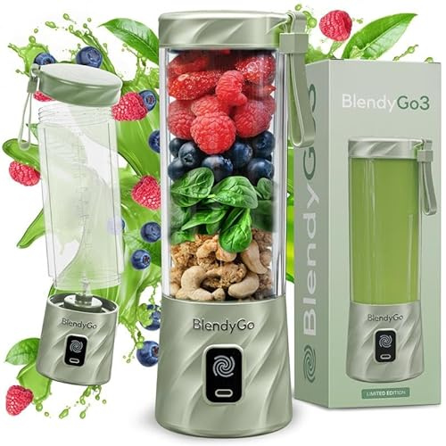 BlendyGo 3 Tragbarer Mixer, Blender, Mini Standmixer, 550 ml, Smoothie maker, Mixer smoothie maker to go, kabellos, zerkleinert Eis und Obst, BPA-freie, PulseMotion & BlendPro (Matcha Metallic)