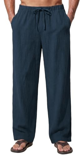 Enlision Pantalones Lino Hombre Azul Marino Verano Cintura Elástica Pantalones de Lino Hombre Casual con Bolsilos Ligeros, L