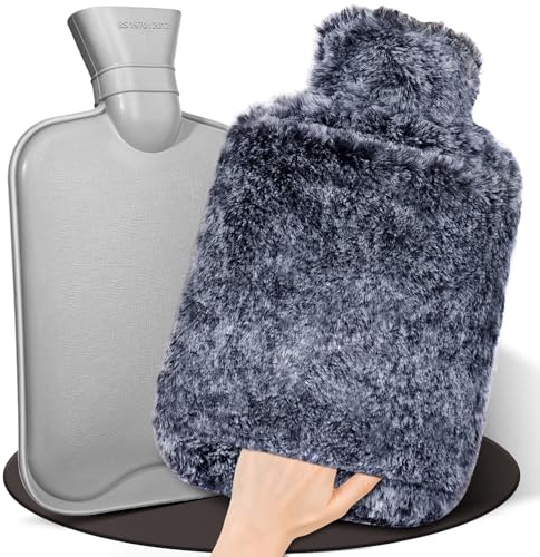 HAOCEE Varmvattenflaska med överdrag, 2 l värmeflaska stor fluffig, varmvattenflaska med känguruficka, läckagesäker och testad, sängflaska lång varm, varmvattenflaska (mörkgrå)