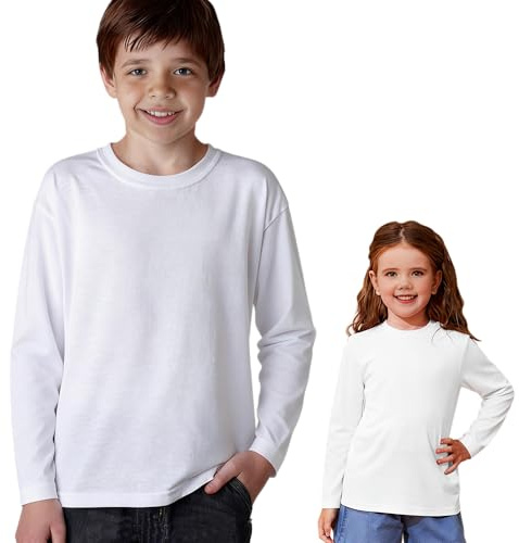 Vida Sol Camiseta Manga Larga Infantil 100% Algodón, 1 Unidad, Unisex, Cuello Redondo, Suave y Transpirable, Diseño Básico y Cómodo, Ideal para Uso Diario, Tallas 7-8 Años, Blanco