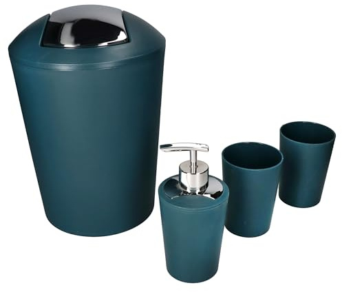 MamboCat Marta - Set da bagno da 4 pezzi, colore petrolio opaco, accessori da bagno in plastica, 2 bicchieri per spazzolini, 1 dispenser di sapone e 1 secchio per cosmetici da 5 l, moderno set da