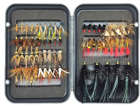 Set med 65 fiskeflugor, kit med konstgjorda öringsbeten | Krokar i kolstål, realistisk insektsimitation, kompakt och hållbar förvaringslåda