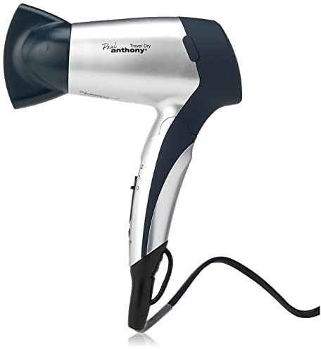 Paul Anthony Travel Dry 1200w Travel Hair Dryer / 2 Heat Settings / 2 Speed Settings/Folding Handle/Concentrator Nozzle/Safety Cut-Off/Hang up Loop/Dual Voltage 110/240v - Silver - H1010SV