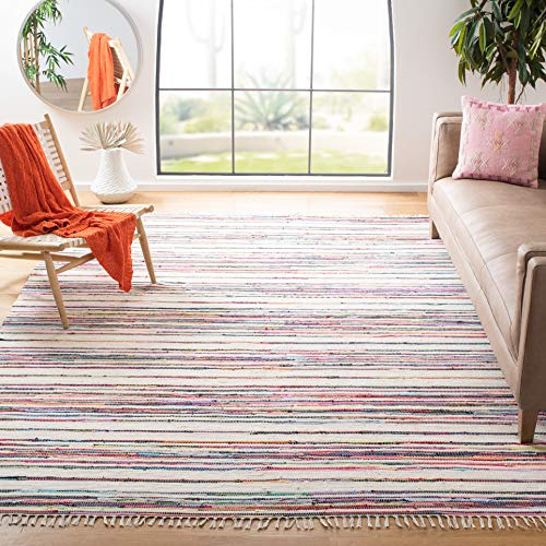 SAFAVIEH Area Rug 8x10 - Rag Collection - Large - Ivory & Multi, Handmade Cotton, Boho Stripe Pattern, Ideal for Living Room, Bedroom, Office, Dining Space (RAR126G)