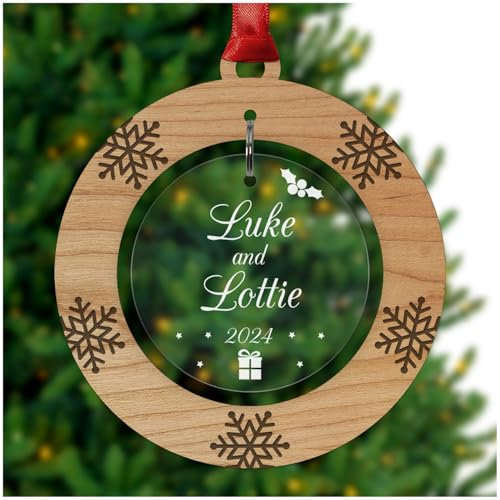 PERSONALISED Couples 1st First Christmas Bauble Gifts - Cherry Veneer and Acrylic Engraved Decoration - Keepsake Christmas Presents