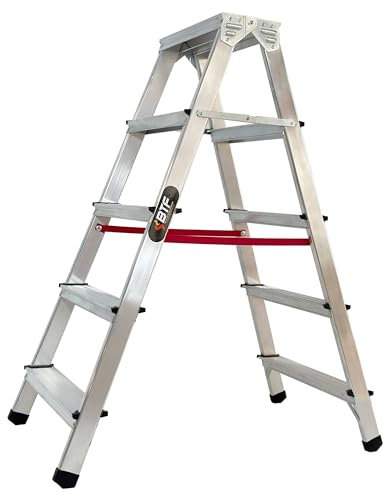 BTF | Escalera Tijera Plegable Doble Cara 5 Peldaños en Aluminio | 5+5 Plataforma H.110 cm | Altura Alcanzable 3,1 Metros | Certificada EN131 Capacidad Carga 150 kg. BTF-DDB05