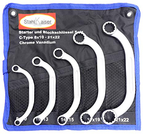 Set di chiavi a doppio anello, 5 pezzi, forma C, 8 – 22 mm, chiave ad anello piegata, dodecagonale.