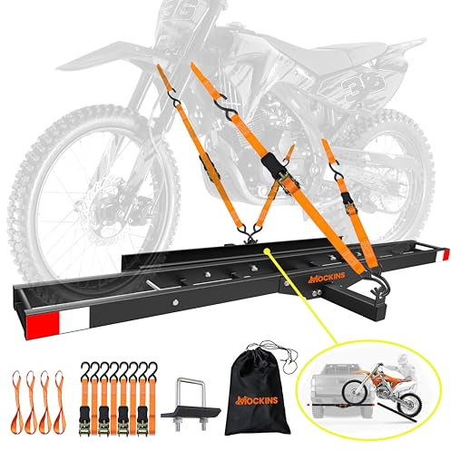 Mockins 500 lbs Capacity Anti-Tilt Motorcycle Hitch Carrier w/Loading Ramp | 73 Heavy Duty Steel Fat Tire eBike Rack & Dirt Bike Rack for Car Hitch 2 Receivers | Weatherproof Motorcycle Carrier Set