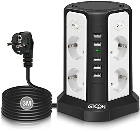 GLCON Tour Multiprise Electrique 8 Prises Pare Foudre avec USB (5 V/5 A) 2500 W Rallonge Multiprise avec 4 interrupteurs, Câble de 3 m Noir