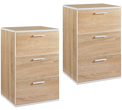 Yaheetech 2er Set Nachttisch Nachtschrank 3 Schubladen Nachtkommode mit Metallgriffe 60cm hoch Beistelltisch Schubladenschrank für Schlafzimmer/Wohnzimmer, Eiche