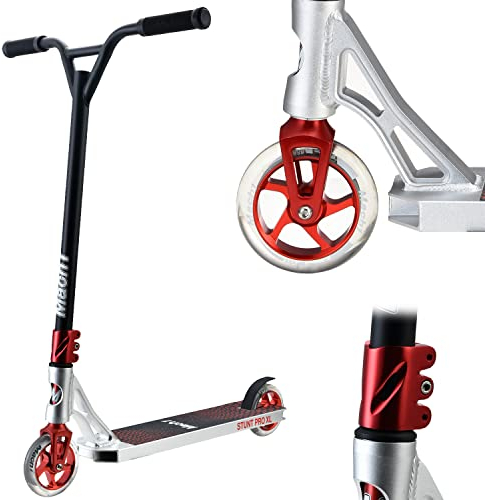 Mach1 Trottinette Stunt - Direction à 360° - Roues de 120 mm avec noyau en aluminium et roulements à billes ABEC 9 - Trottinette amusante pour enfants à partir de 6 ans (argenté/rouge avec roues