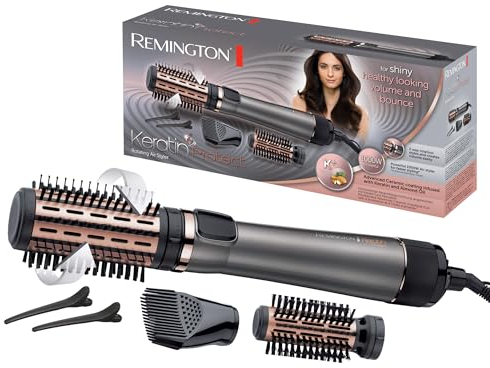 Remington Cepillo de Aire Voluminizador Giratorio Keratin Protect Moldeador de Pelo, Queratina y Aceite de Almendra, Cepillo Secador, 3 Accesorios, Cerámica, 1000 W, 2 Temp/Velocidades AS8811 Gris
