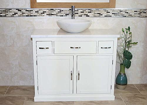 Wooden Bathroom Vanity with Sink and Drawer - White Painted Double Door Bathroom Sink Cabinet Wash Basin - Single Vanity Unit with Chromed Mixer Tap - White Bowl with White Marble Top (1161PWMSBC)