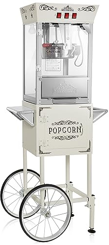 Olde Midway Movie Theater-Style Popcorn Machine Maker with Cart and 10-Ounce Kettle - Cream, Vintage-Style Popper on Wheels