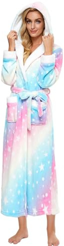 iniber Dressing Gown for Women, Soft Plush Fleece Hooded Bathrobe Plush Loungewear