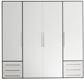 Stella Trading LYSS Kleiderschrank weiß mit Schubladen - Vielseitiger Schlafzimmerschrank 4-türig in Weiß, Graphitfarben- 206x 194 x 58 cm (B/H/T)