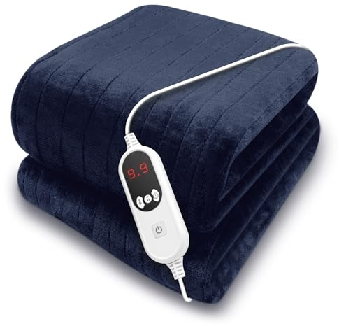 Purus Navy Heated Throw Electric Blanket, 160 x 120cm Heated Blanket Machine Washable Soft Micro Fleece Electric Throw Overblanket with 12HR Timer and 9x Control Heat Settings