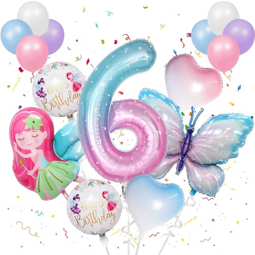 Set di 16 palloncini colorati da 6 anni con farfalle per compleanno per ragazze, palloncini in Mylar con farfalle per decorazione di compleanno, fate con nastro per feste a tema, festival, decorazione