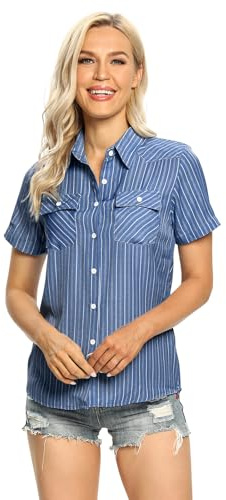 Women's Lightweight Short Sleeve Button Down Denim Chambray Shirt Casual Summer Tops Collared Blouse, Blue Striped, L