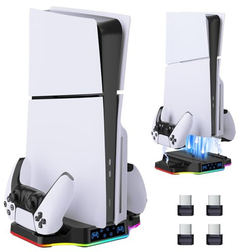 Helmsyde PS5 Slim Standfuß mit 3 Stufig Lüfter Kompatibel mit Playstation 5 Slim Konsole Disc/Digital Edition, PS5/Edge Dual Controller Ladestation PS5 Slim Vertikaler Ständer Basis mit RGBLicht