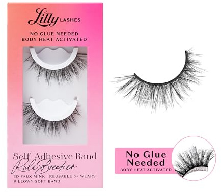 Lilly Lashes 3D Self Adhesive Eyelashes, No Lash Glue Needed, Body Heat Activated Press on Lashes, Reusable Self Adhesive Eyelashes Up to 5x, Easy to Apply & Remove (RuleBreaker)