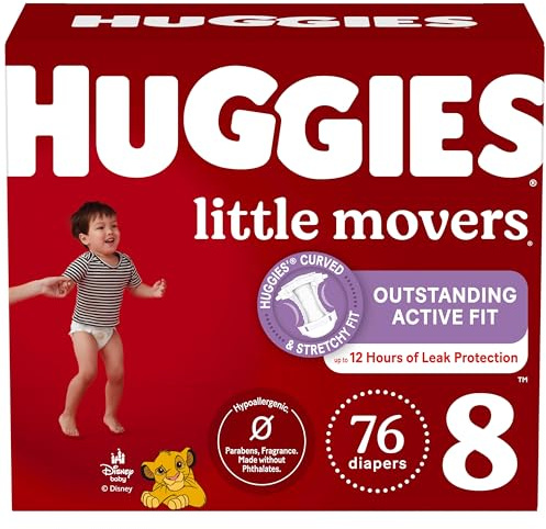 Huggies Size 8 Diapers, Little Movers Baby Diapers, Size 8 (46+ lbs), 76 Count (2 Packs of 38), Packaging May Vary
