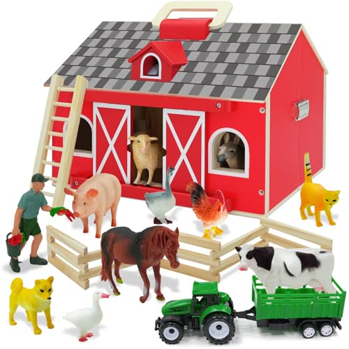 SIMPLIPLAY Farm Animal Toys with Portable Large Wooden Barn for Kids 3+ Years Old, 10 PCS Farm Animal Figurines for Boys, Girls, Animal Lovers, Gift for Kids Toddlers, Improve Fine Motor Skills