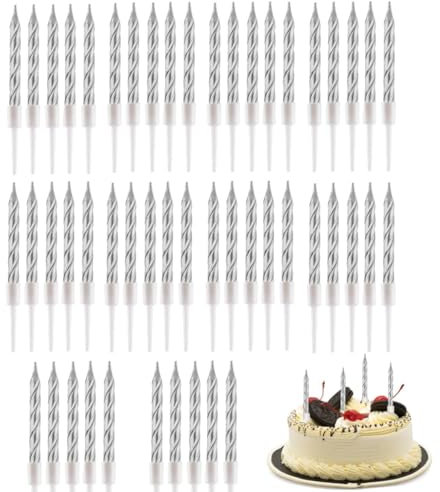 JJiaoLinin Candele di Compleanno,50 Pezzi Candela Compleanno a Spirale,Metallico Candeline Compleanno con Supporti per Nuziale La Festa di Compleanno Decorazione della Torta Forniture(Argento)