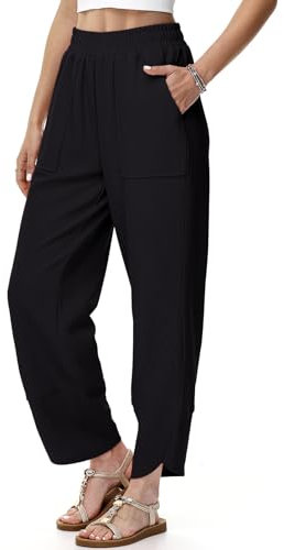 HMIYA Weite Hosen Damen Baumwoll Stoffhose Leichte Casual Sommerhose Bequem Freizeithose mit Taschen,Schwarze,XL