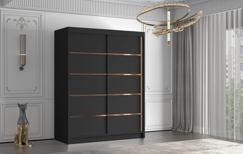 Gaba furniture Gold Series 150 cm Black Sliding Door Wardrobe Widths 100/120/150/180/200/250 cm Furniture for Bedroom Living Room Wardrobe with Hanging Rail White/Black/Cashmere