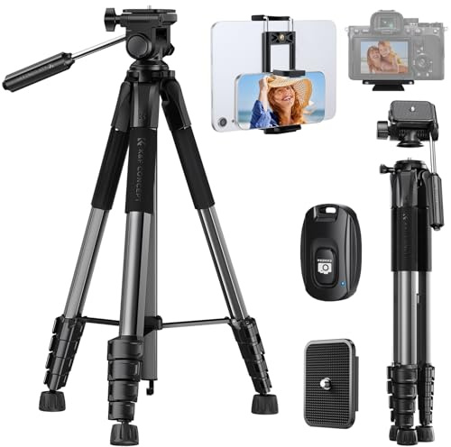 K&F CONCEPT Trépied Appareil Photo pour Smartphone 190cm, S255A3+BV01 Trépied Caméra avec Clip de Téléphone, pour DSLR Nikon Canon Sony, iPhone, Tête Pan Amovible, Télécommande Bluetooth