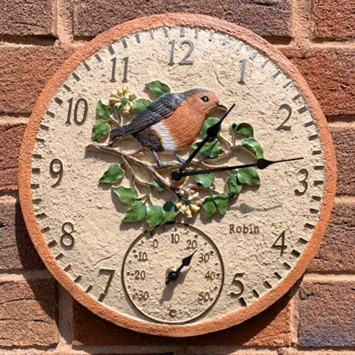 Garden Mile 30cm Robin Garden Clocks Outdoor Waterproof with Thermometer for Garden Analogue Outside Clocks for Garden Weather Proof Outdoor Clocks for the Kitchen, Living Room and Patios