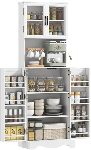 HOMCOM Credenza Cucina Alta 180cm, Mobile Dispensa con 8 Ripiani sulla Porta, Foro Passacavi, Ante Acrilico, Ripiani Regolabili, Piano Portamicroonde, Rustico, per Sala da Pranzo Soggiorno, Bianco