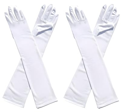 Joysuelly 2 Paire Gants Longs Femme, Gant Longs Femme Coude en Satin Gants de Mariée élastiques de Soirée Classiques Gant de Coude Taille Adulte Élégants pour Festival Costumée Danse Soirée (Blanc)