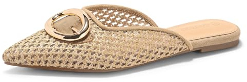 Coutgo Womens Mules Flats Metal Closed Pointed Toe Slip On Slides Summer Beach Shoes, Coffee, Size 8.5
