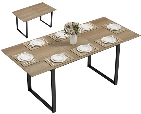 HOMCOM Tavolo da Pranzo Allungabile per 6-8 Persone con Pannelli Rimovibili, 140-180cm Tavolo Allungabile Rettangolare con Base in Acciaio, Stile Industriale, per Sala da Pranzo Soggiorno, Color Legno