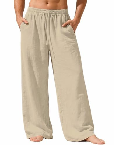 Nuofengkudu Homme Ample Pantalon Lin et Coton Coupe Jambe Large
