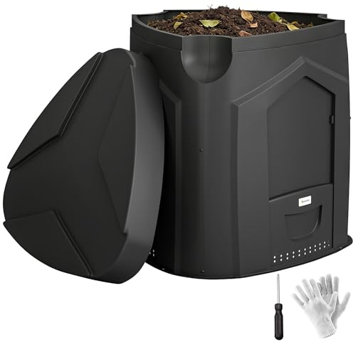 Outsunny Compostiera da Giardino 240L Triangolare Girevole con 66 Prese d'Aria e 3 Porte, Compostiera Domestica con Guanti e Cacciavite, per Compostaggio Rifiuti Organici, 78x75x78 cm, Nero