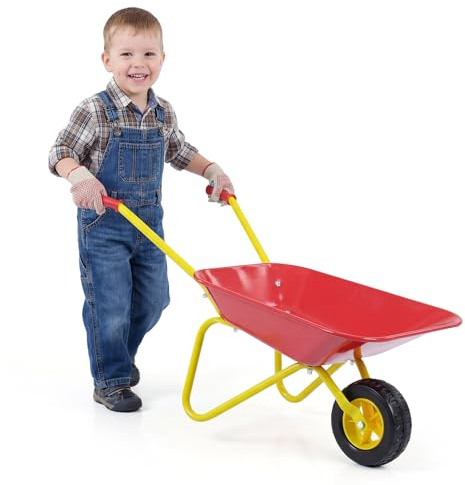 COSTWAY Carretilla para Niños, Carrito de Jardín Infantil con Ruedas Todoterreno, Asas Antideslizantes y Soporte de Aparcamiento Estable, Carretilla de Juguete para Niños de 3+ Años (Rojo)