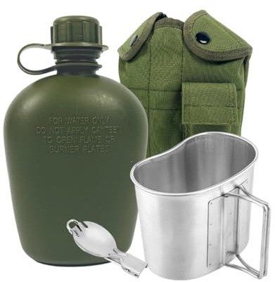 BeGrit Borraccia Militari 1 Litro con Guscio Set Gavetta Militare con Scoop e Tazza Manici Ripiegabili Gourde Militari 3 Pezzi Kit Militare Pentole Campeggio Tazza Scout per Escursioni Zaino, Verde