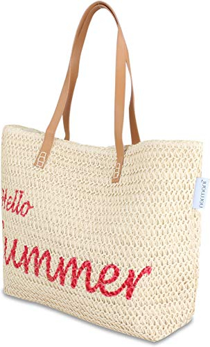 normani Schultertasche Strohkorb Sommer Strandtasche im Boho-Stil Farbe Hello Summer