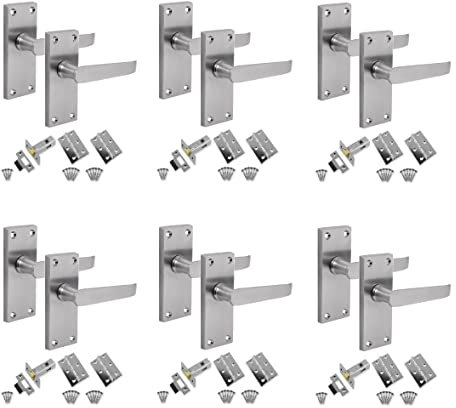Golden Grace 6 Sets of Victorian Straight Latch Door Handles Satin Brushed Chrome Hinges & Latches Pack Sets 120mm Long x 40mm Wide Backplate