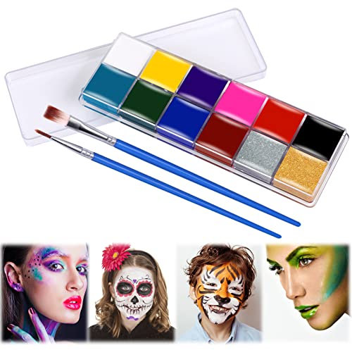 KUIRUNRX® Körperfarben Set,Gesichtsfarbe Kinderschminken Set,Face Bodypainting Farben Set,für Cosplay Weihnachten Karneval Halloween Ostern Themenpartys-2 Pinsel, 12 Farben