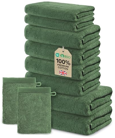 Set of 10 Bath Towels - 2 Bath Towels 70x140cm + 4 Hand Towels 50x100cm + 2 Guest Towels 30x50cm + 2 Wash Mitts 15x20cm - Premium 100% Turkish Cotton Towel - 500 GSM - Ôhm - Fir green