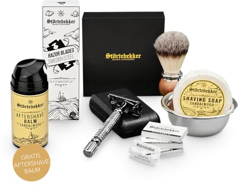 Störtebekker® Premium Anti Hautirritationen Set + Gratis Aftershave - Für eine perfekte Rasur - mit Rasierhobel, Rasierklingen, Rasierpinsel, Rasierschale, Rasierseife, Free After Shave, Geschenkidee