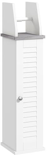 kleankin Slim Bathroom Floor Cabinet with Cupboard, Roll Holder and Adjustable Shelf, Toilet Roll Storage Unit for Toilet Paper, Shampoo, White