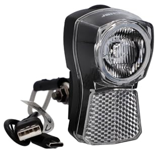 Fischer Luz Frontal LED para Bicicleta, 45/20 Lux, con batería y función de Carga USB, Aspecto Dinamo, protección contra Salpicaduras IP44, homologado por StVZO