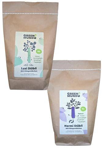 GREEN MUNDO - Hermi Stäbli 300 g + Luzi Stäbli 300 g - Düngestäbchen für Gemüse, Kräuter, Obst, Zimmer- & Topfpflanzen - natürlicher BIO Langzeitdünger für Balkon, Terasse, Zimmerpflanzen - DE-ÖKO-009